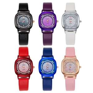 Fashion quartz ladies watch with rhinestone square dial and leather straps in six colors