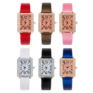 Rectangle dial women's quartz watch with rhinestone bezel and colorful leather straps