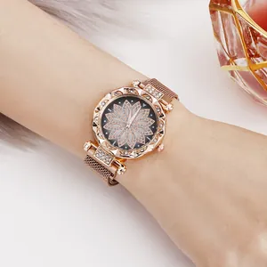 Women Fashion Quartz Watch With Petal Rhinestone Dial Milanese Stainless Steel Mesh Band Magnetic Buckle Elegant Jewelry Wristwatch