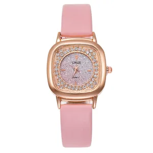 Elegant women's quartz watch with pink leather strap and rose gold rhinestone square case