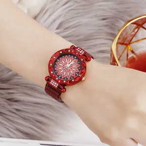 Elegant red floral dial watch with sparkling rhinestones and magnetic mesh strap