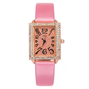Elegant rose gold rectangular quartz watch with orange dial and pink satin strap