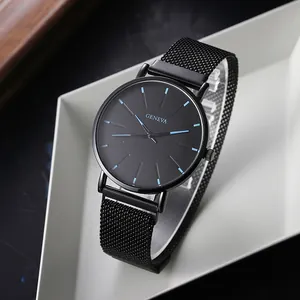 Montre Geneva noire minimaliste avec bracelet en maille et index bleus pour hommes