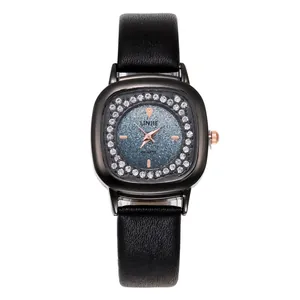 Elegant women's square quartz watch with black leather strap and sparkling starry blue dial