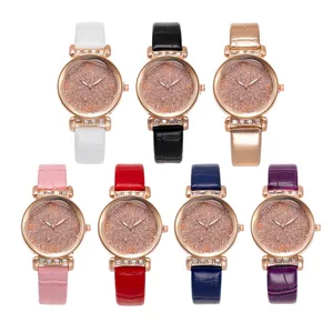 Elegant women quartz watches with starry rhinestone dial and colorful leather straps