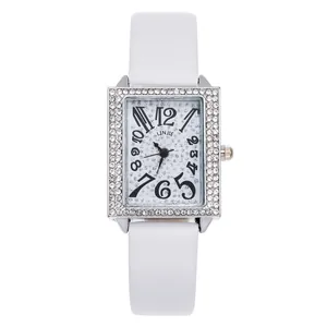 Elegant rectangle silver quartz watch for women with rhinestone bezel and white leather strap