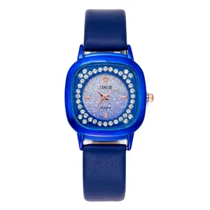Elegant women's quartz watch with dark blue leather strap and crystal-encrusted dial