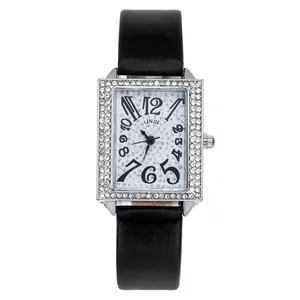 Elegant silver rectangular quartz watch for women with rhinestone inlay and black strap