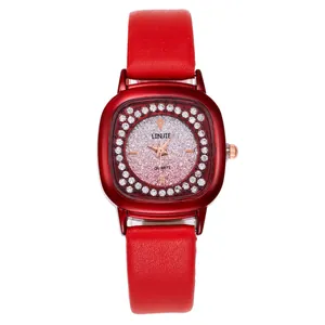 Fashionable red leather women's quartz watch with sparkling rhinestone dial and silver gradient
