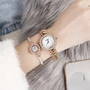 Elegant rose gold rhinestone watch and matching bracelet set for women fashion
