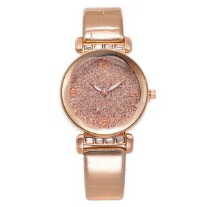 Women's rose gold fashion watch with full rhinestone dial and leather strap