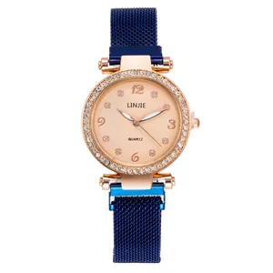 Elegante orologio da donna al quarzo con ghiera in oro rosa e cinturino a maglia blu