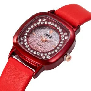 Elegant red square quartz watch for women with rhinestone bezel and glittery pink dial