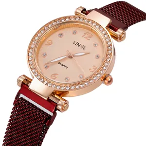 Orologio al quarzo da donna con strass e cinturino magnetico in oro rosa e bordeaux