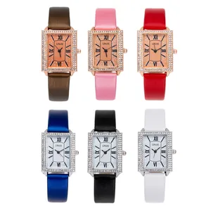 Women's rectangular quartz watches with leather straps and double-layered rhinestone bezel