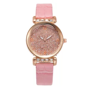 Women's quartz watch with pink crocodile pattern leather strap and crystal-encrusted dial
