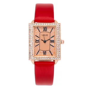 Women's Fashion Rectangle Quartz Watch Rhinestone Inlaid Alloy Case Roman Numerals Faux Leather Strap Casual Wristwatch Jewelry Gift