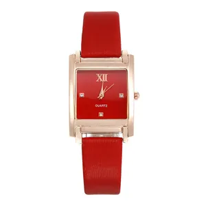 Modische quadratische Quarzuhr für Damen mit rotem Lederarmband und roségoldenem Gehäuse