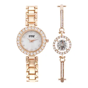 Detailed view of rose gold quartz watch and matching diamond-studded bracelet set