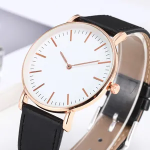 Minimalist Men Quartz Watch Alloy Case Faux Leather Strap Casual Analog Wristwatch No Logo Student Male Office Timepiece