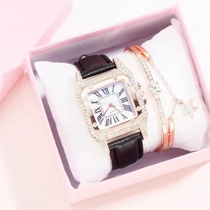 Women's vintage square quartz watch set with rhinestone bezel and leather strap in gift box
