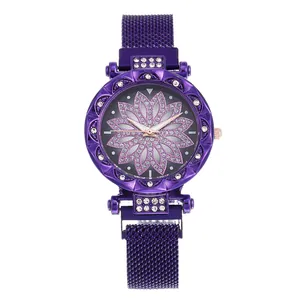 Macro detail of purple floral dial women's watch with sparkling crystal encrusted bezel