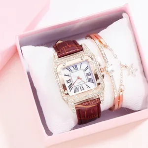 Elegant rose gold square watch with diamond bezel and leather strap including bracelet