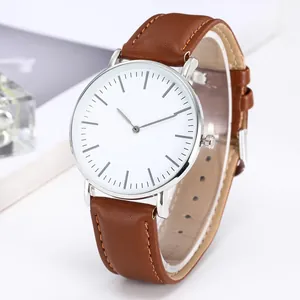 Classic men's quartz watch with brown leather strap and minimalist silver case