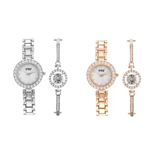 Elegant women's watch and diamond bracelet set in silver and rose gold finishes