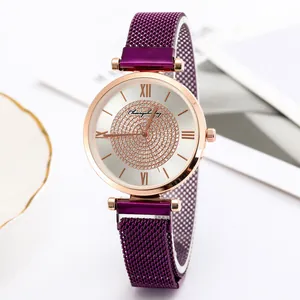 Detail of starry dial watch with purple mesh strap and rose gold bezel in macro view