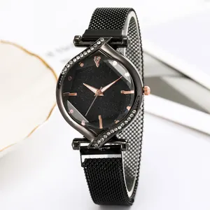 Elegant women's watch with starry black dial and magnetic mesh strap with rhinestones