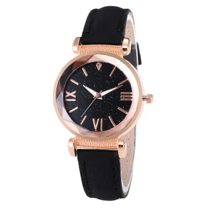 Women's Fashion Starry Sky Dial Quartz Watch Roman Numerals Rose Gold Alloy Case Faux Leather Strap Casual Ladies Wristwatch Gift