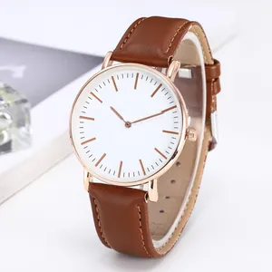 Minimalist quartz men's watch with rose gold case, white dial and brown leather strap