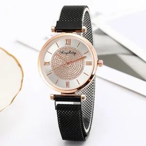 Luxury Women Quartz Watch Starry Sky Rhinestone Dial Alloy Mesh Strap Magnetic Clasp Fashion Elegant Roman Numeral Watch
