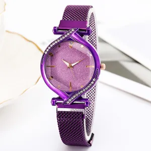 Purple starry sky dial women's watch with rhinestone bezel and magnetic mesh band