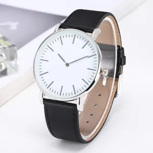Minimalist men's quartz watch with silver metal case and black leather strap shown at 45 degrees