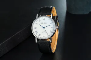 Detailed view of Geneva quartz watch with black leather strap and Roman numerals on white dial