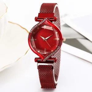 Elegant women's burgundy starry sky quartz watch with magnetic Milanese mesh band