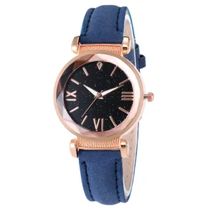 Women's starry sky quartz watch with rose gold case and navy blue leather strap