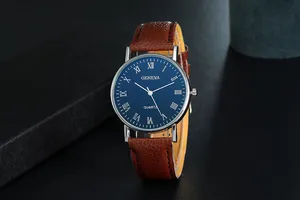 Close-up of Geneva men's watch with blue Roman numeral dial and brown leather strap