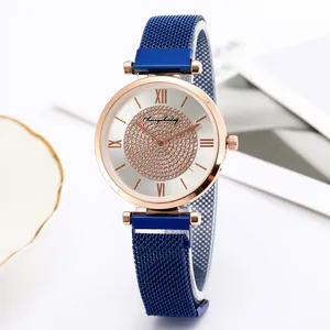 Elegant rose gold quartz watch for women with starry diamond dial and magnetic blue strap