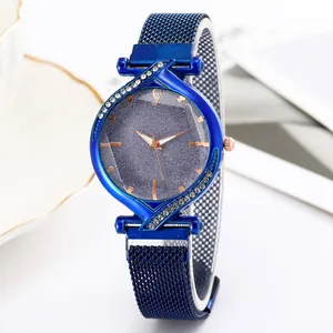 Deep blue starry sky quartz watch with rose gold case and magnetic milanese strap