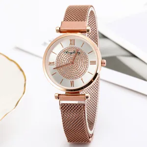 Elegant rose gold mesh strap watch for women with starry silver dial and roman numerals
