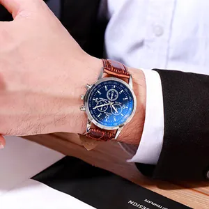 Men's Business Leisure Quartz Watch With Faux Leather Strap Round Alloy Case Three-Eye Decorative Dial Analog Wristwatch