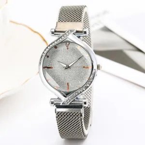 Elegant silver mesh watch for women with glitter dial and rhinestone-studded bezel
