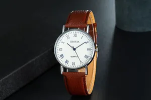 Detail of Geneva quartz watch with blue Roman numerals and brown leather strap