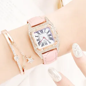 Women's rose gold square rhinestone watch with pink leather strap and matching star bracelet