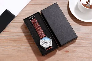 Classic men quartz watch with brown leather strap in a premium black gift box