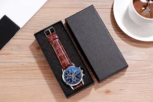 Classic blue dial men's watch with brown leather strap in an elegant black gift box
