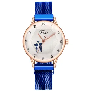 Orologio al quarzo da donna oro rosa con cinturino magnetico blu e quadrante inciso